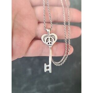 Italian 925 Sterling Silver Heart Peace Skeleton Key Pendant Necklace Vintage